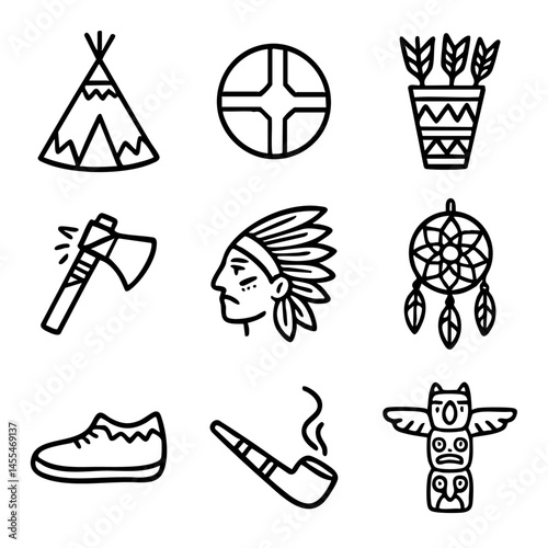 A set of doodle line icons depicting Native American symbols, tools, and cultural elements for heritage, history, and tribal identity visuals