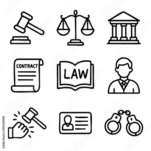 A set of doodle line icons showing legal symbols, courtroom items, and justice-related elements for law, rights, and government visuals