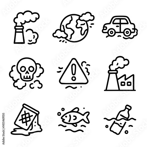 A set of doodle line icons illustrating air, water, and industrial pollution for climate change, environmental crisis, and eco-awareness visuals