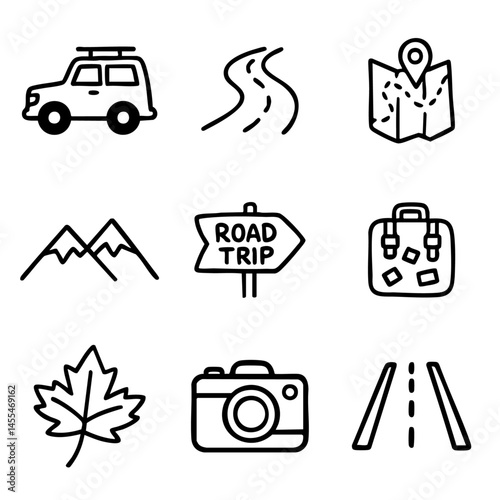 A set of doodle line icons representing road trips, travel essentials, nature, and exploration for vacation, journey, or adventure visuals
