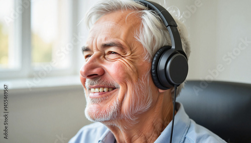 Happy elderly man enjoying music while wearing headphones indoors  
