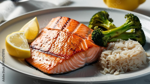 grilled salmon steak with potatoes and vegetables photo