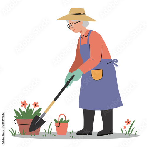 Senior woman gardening alone - elderly woman with peaceful smile tending flowers in her garden