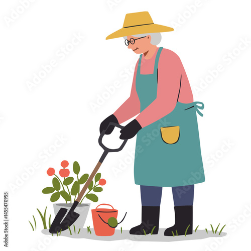 Senior woman gardening alone - elderly woman with peaceful smile tending flowers in her garden