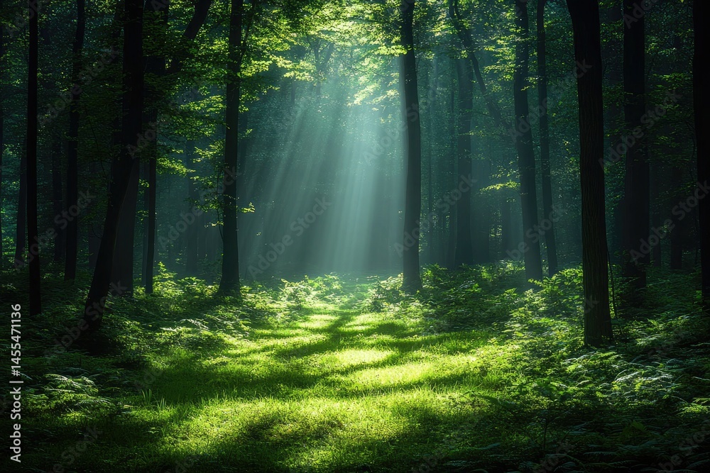 Obraz premium Sunbeams shine through trees in a lush green forest path. Use this serene image for nature and outdoor related projects.