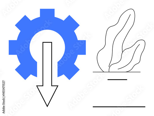Blue gear with downward arrow representing optimization, paired with a modern plant sketch. Ideal for technology, productivity, sustainability, innovation, strategy, eco-conscious themes, simple