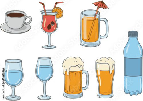 Cartoon Beverage Collection with Various Drinks - Hand-drawn illustrations of a coffee cup, cocktail, beer mug, water glass, wine glass, and water bottle on a white background