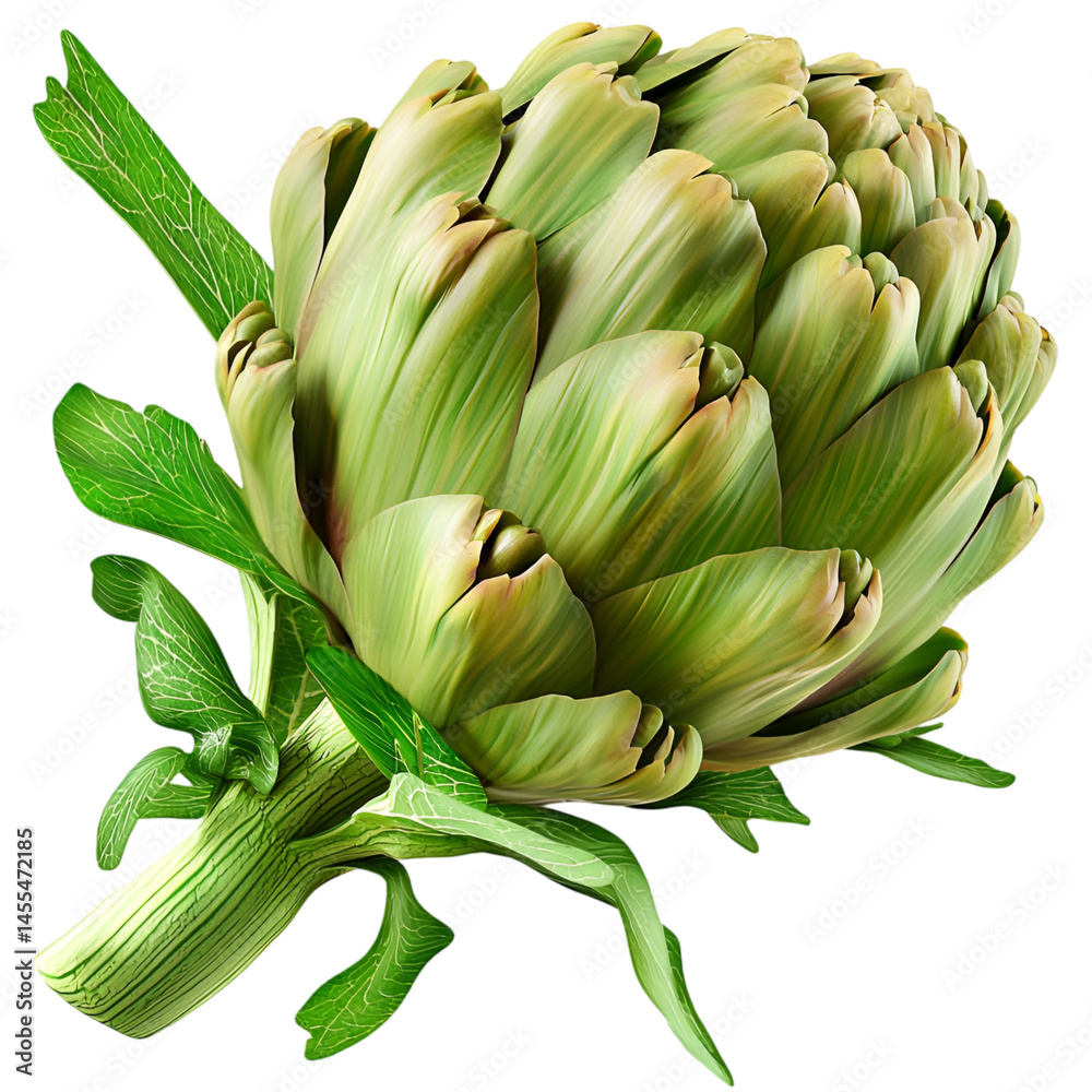 Obraz premium green artichoke vegetable with leaves healthy food cooking ingredient plant PNG On Transparent Background