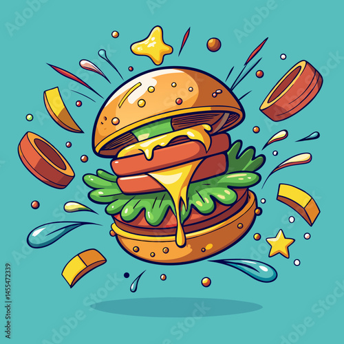 burger and hamburger sandwich, meal, vector, illustration, bread, fast, cartoon, meat, fast food, 