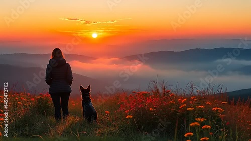Woman and dog stand on mountaintop at sunrise, overlooking misty valleys, surrounded by wildflowers
