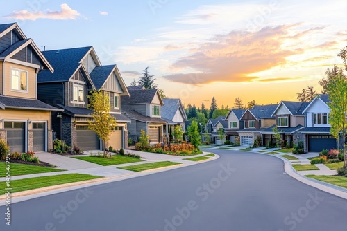 Street With Houses. New Residential Neighborhood with Spacious Homes and Front Yards at Sunset