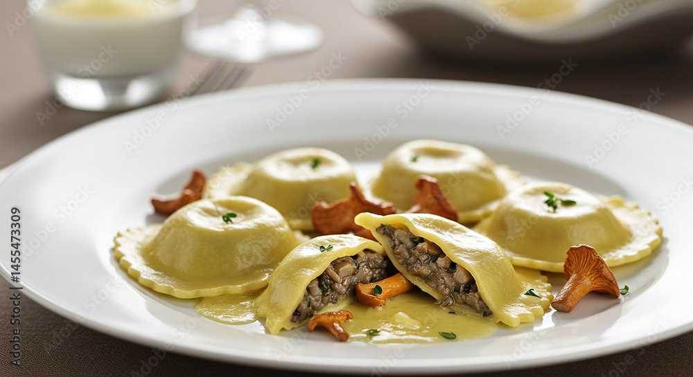 Delicious mushroom ravioli recipe with creamy sauce and chanterelle mushrooms food photography Delicious mushroom ravioli recipe with creamy sauce and chanterelle mushrooms food photography
