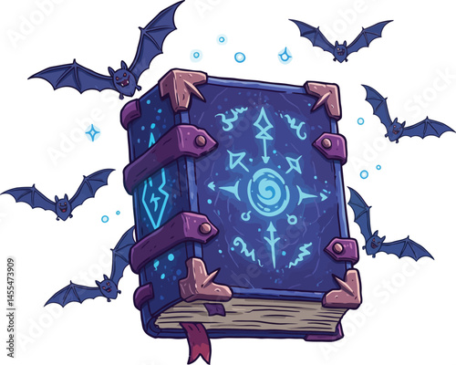 Halloween Spellbook and Bats Design, Spell Book with Bats Illustration