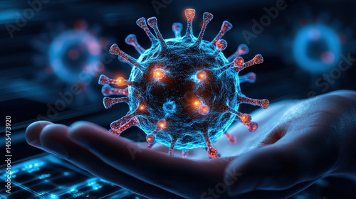 Digital representation of virus particle is held in hand, symbolizing concept of global health security and infectious disease prevention