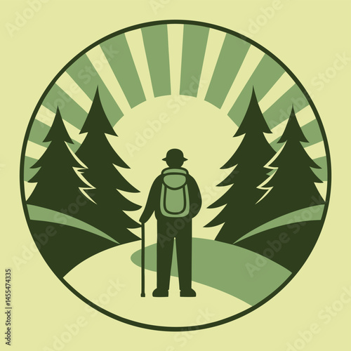Hiker with Backpack on Scenic Forest Trail, Sunrise View
