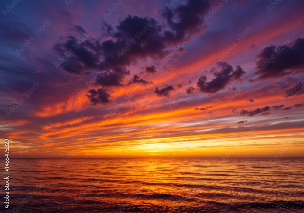 Fiery Ocean Sunset with Vibrant Clouds and Colorful Water Reflection Fiery Ocean Sunset with Vibrant Clouds and Colorful Water Reflection
