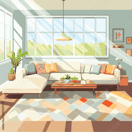 modern living room with sunlight reflection