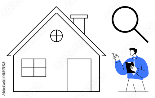 Large house with geometric details, magnifying glass, and agent holding clipboard. Ideal for real estate, property assessment, house buying, inspection, decision making, home improvement flat simple