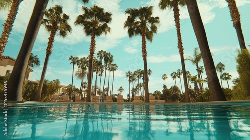 Tropical poolside scene with tall palm trees.