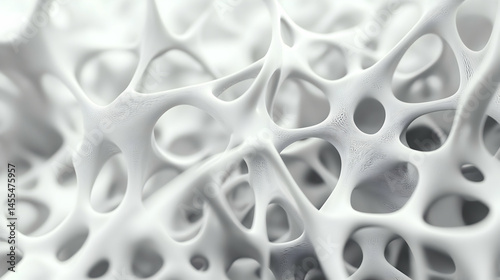 Abstract close-up of a complex, interconnected network resembling bone structure. The image is monochromatic, with varying shades of white and gray, creating a textural and intricate design.