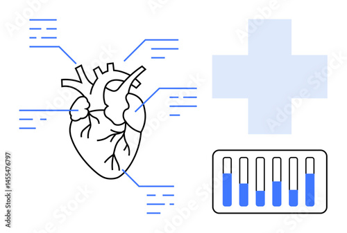 Heart diagram with connective data points, medical cross, and test tube panel visualizing healthcare. Ideal for medical research, health diagnostics, innovation, heart care, telemedicine, labs