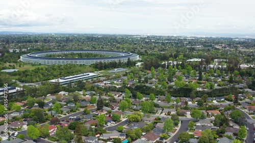 Aerial drone shot view of Cupertino San Jose Bay Area residential suburb town 18