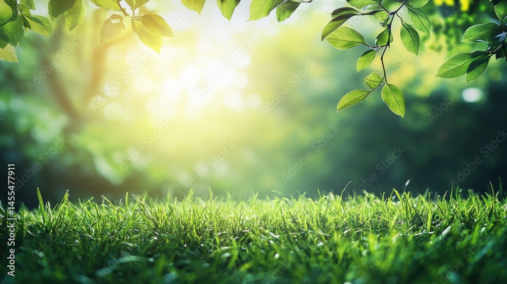 Obraz premium Sunlit Green Grass and Lush Leaves: A Serene Nature Scene
