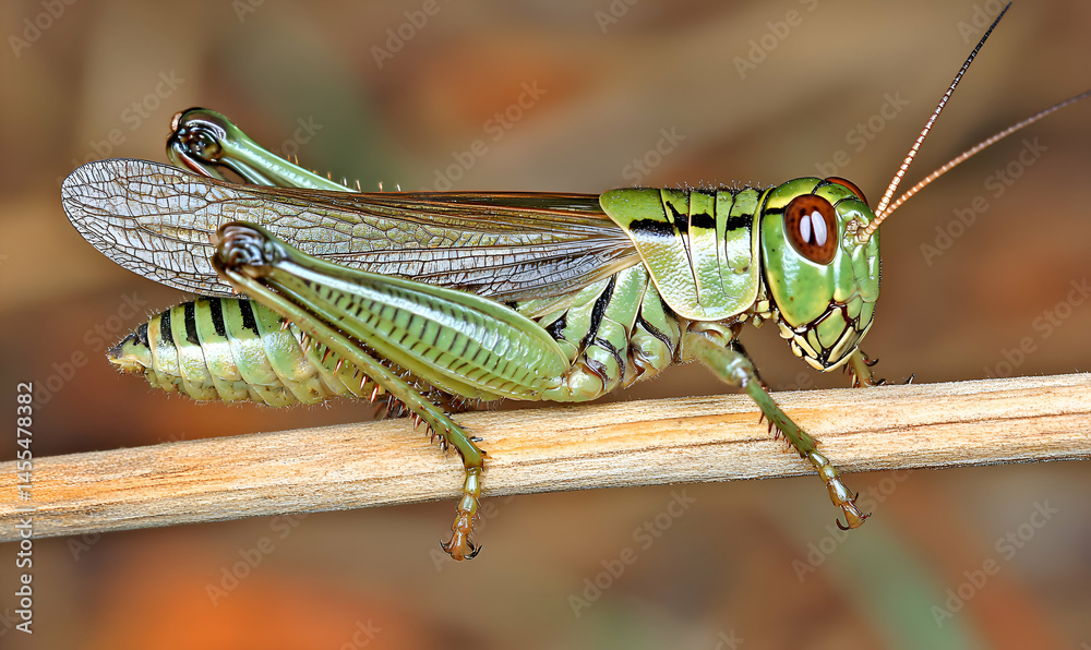 Fototapeta premium Close-up of a vibrant green grasshopper perched on a slender twig, showcasing intricate details of its body and wings against a softly blurred background.
