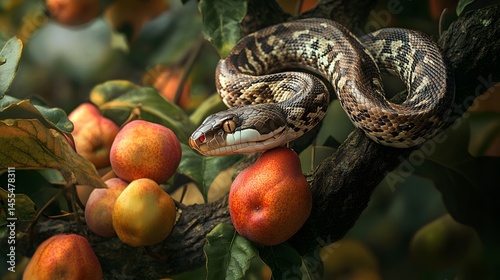 Snake and Fruit: A snake coiled around a tree branch with ripe, colorful fruit nearby.
