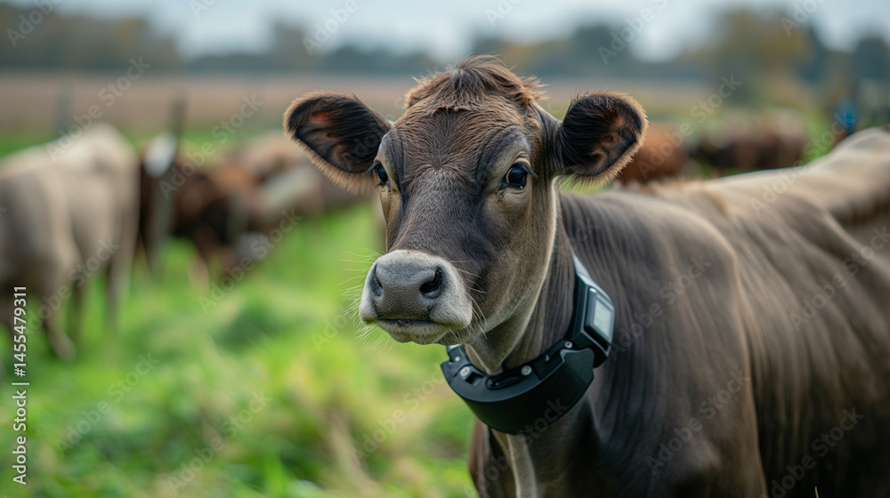 Cow wearing a GPS collar in a grassy field. Virtual fencing.