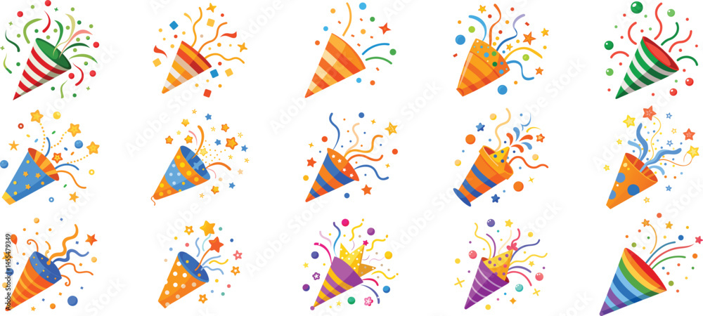Colorful Party Popper Cone Exploding with Stars Set for Celebrations, A vibrant set of party popper cones bursting with stars and confetti, perfect for event designs Colorful Party Popper Cone Exploding with Stars Set for Celebrations, A vibrant set of party popper cones bursting with stars and confetti, perfect for event designs