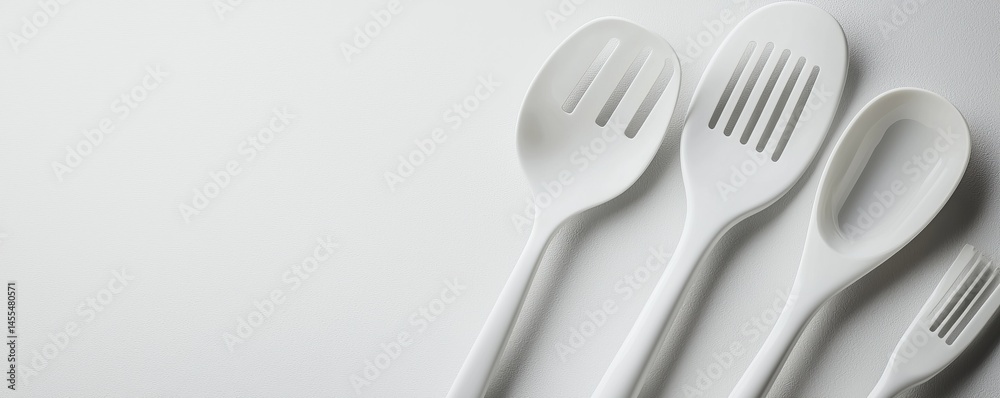 Fototapeta premium A collection of white kitchen utensils on a clean surface, perfect for culinary use.