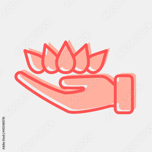Icon lotus on hand. Buddhism and vesak elements. Icon in two tone style.