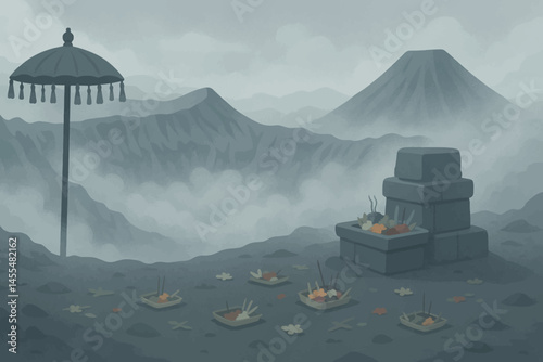 Mystical Mount Bromo Ritual Site with Offerings and Volcanic Mist