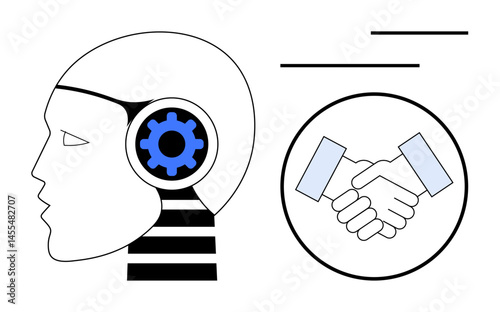 Human-thumbs up AI head with cogwheel inside, handshake icon representing collaboration, abstract lines for creativity. Ideal for technology, innovation, human-AI synergy, teamwork, progress, ethics