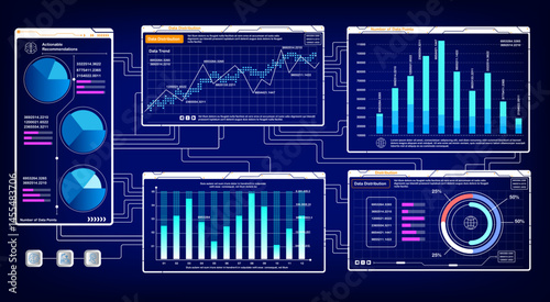 Smart technology HUD vector interface with colorful charts, diagrams, and connection lines. Ideal for network management, digital dashboards, and futuristic data visualization screens.