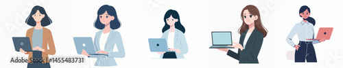 Set Vector of young career woman working using laptop