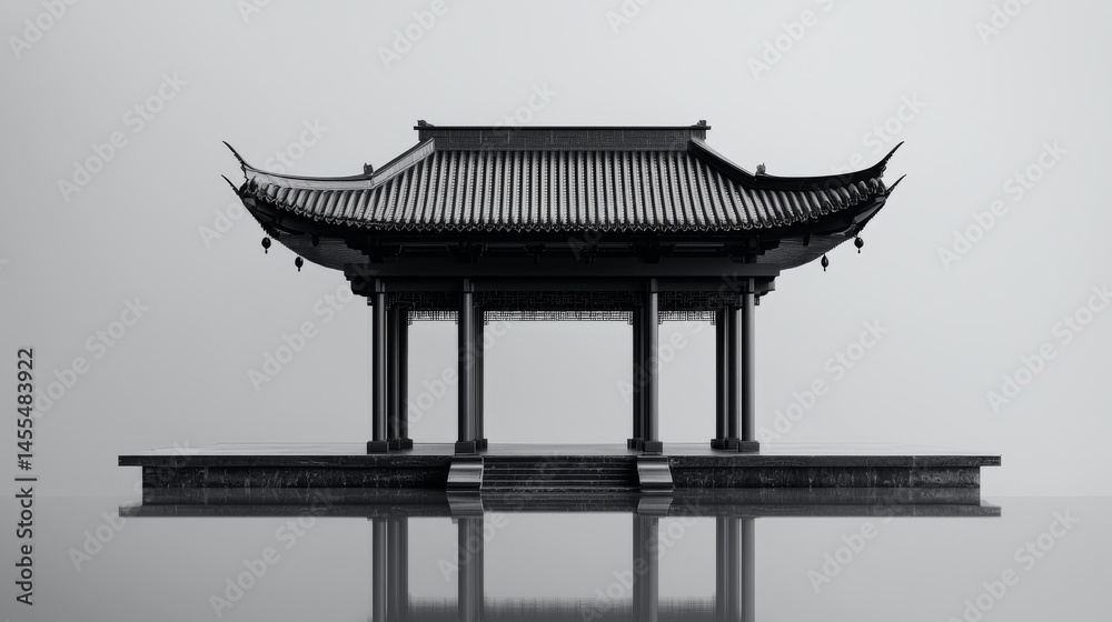 Fototapeta premium A serene black and white architecture of an elegant pagoda reflection.