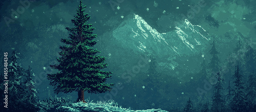 pixel style fir tree background, tall fir tree with dark green pixel detail branches and snow on its branches, Ai generated images