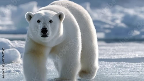 A majestic polar bear roams across the vast ice and snow of its arctic habitat