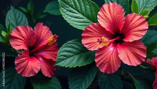 Bold hibiscus and tropical leaves, vibrant color, wallpaper, bright, leaves