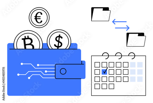 Wallet holding Bitcoin, Dollar, and Euro coins, folder data transfer, and a check-marked calendar. Ideal for finance, cryptocurrency, transaction, data sync planning fintech flat simple metaphor