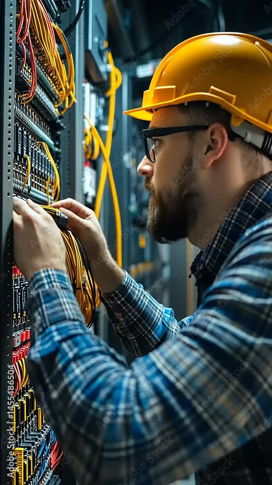 Technican working on server room, IT specialist installing cables ...