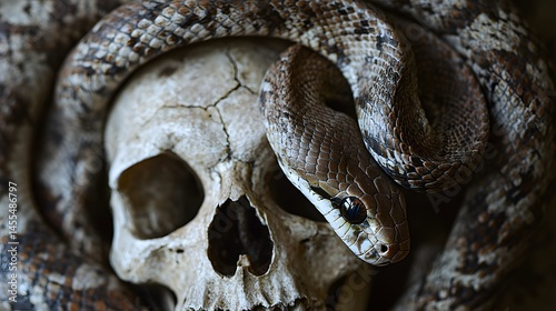 Snake and Skull: A dramatic image of a snake coiled around an old, weathered skull.
