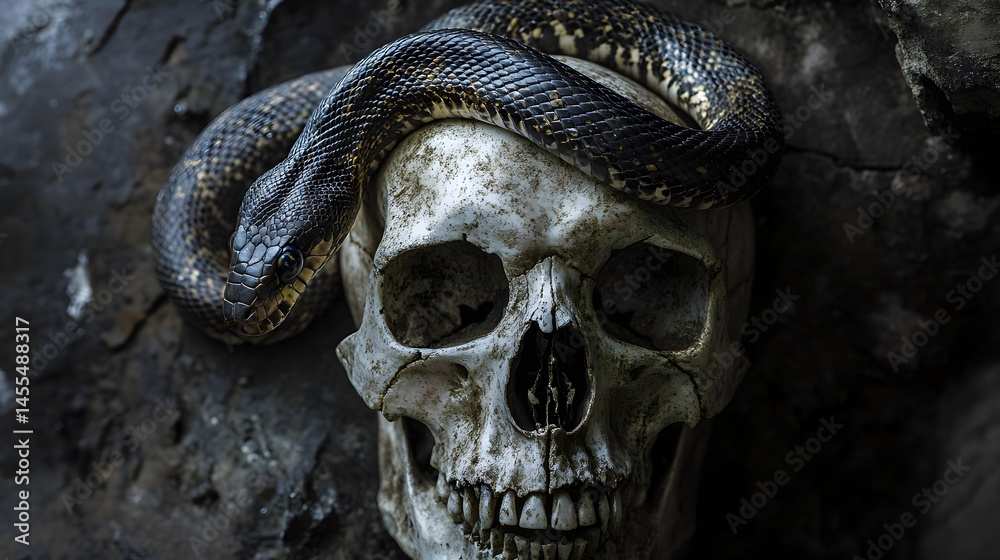 Snake and Skull: A dramatic image of a snake coiled around an old, weathered skull.
Snake and Skull: A dramatic image of a snake coiled around an old, weathered skull.
