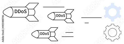 Three labeled missiles with DDoS moving toward a gear icon, symbolizing cyberattacks on systems. Ideal for cybersecurity, hacking, network defense, IT, threat analysis, online protection, flat simple