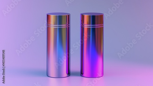 Colorful, metallic thermoses reflecting light in a vibrant, modern setting.