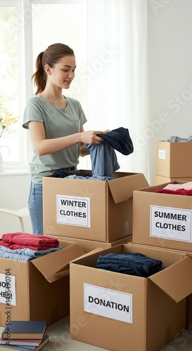 Young woman sorting clothes into donation and seasonal boxes at home