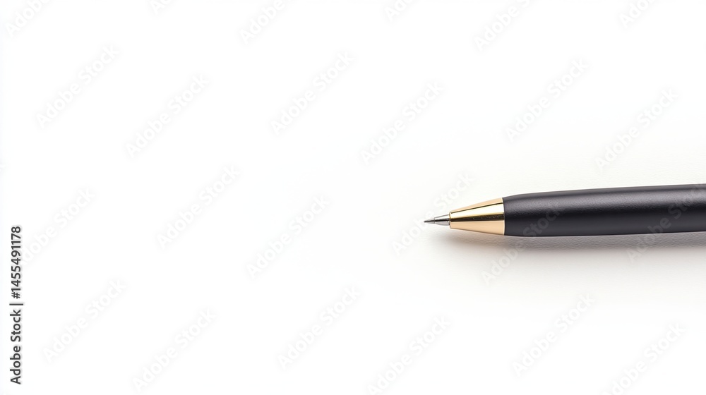 A black and gold pen rests on a clean white background, positioned diagonally from the right edge. A black and gold pen rests on a clean white background, positioned diagonally from the right edge.
