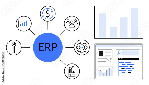 Central ERP hub connecting finance, reports, team, and tools graphs and diagrams summarize workflow. Ideal for business management, planning, organization, finance tools, growth tracking analytics